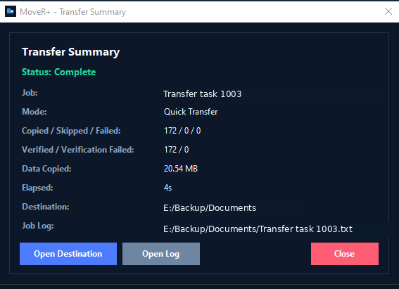 MoveR+ transfer summary window showing completed transfer details.